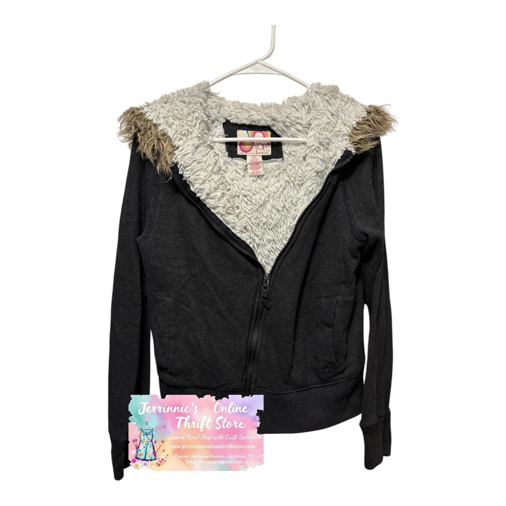 OP Ocean Pacific Black Faux Fur Lined Zip Up Hoodie Jacket Juniors Large‎ 11-13